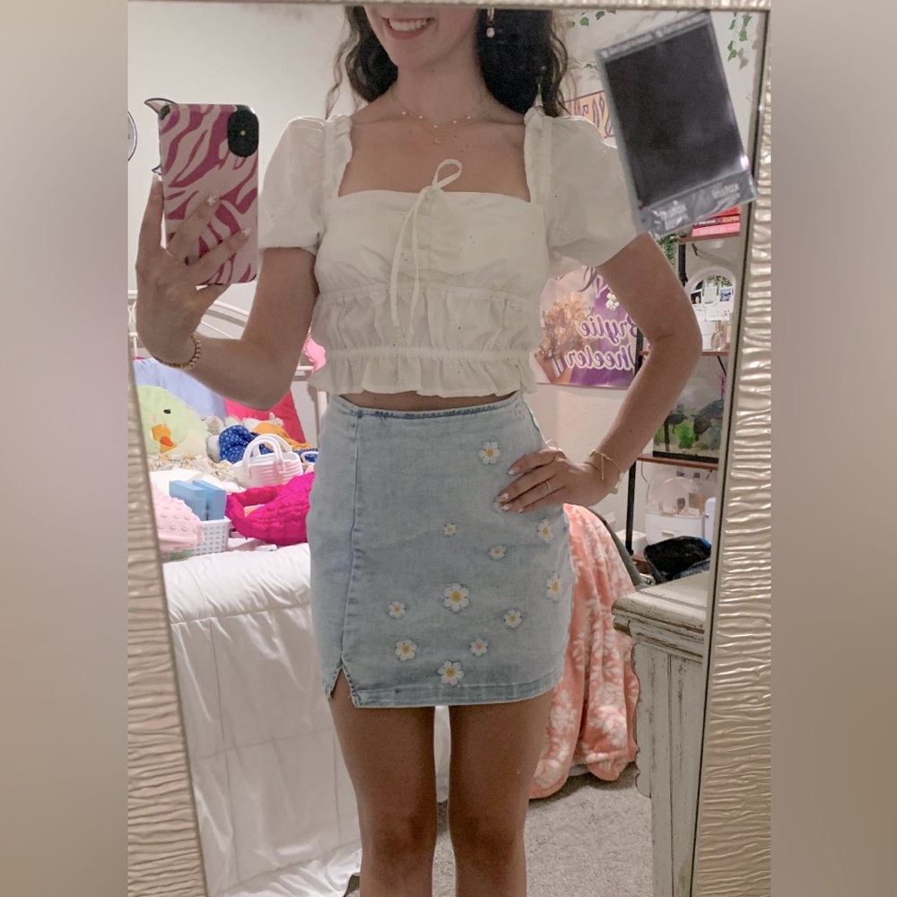 Flower Stitch Jean Skirt